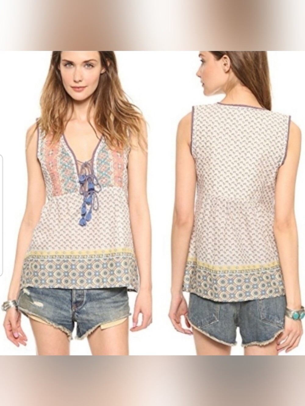 HOUSE OF HARLOW Boho Printed Sleeveless V-Neck Top - Blue & Peach